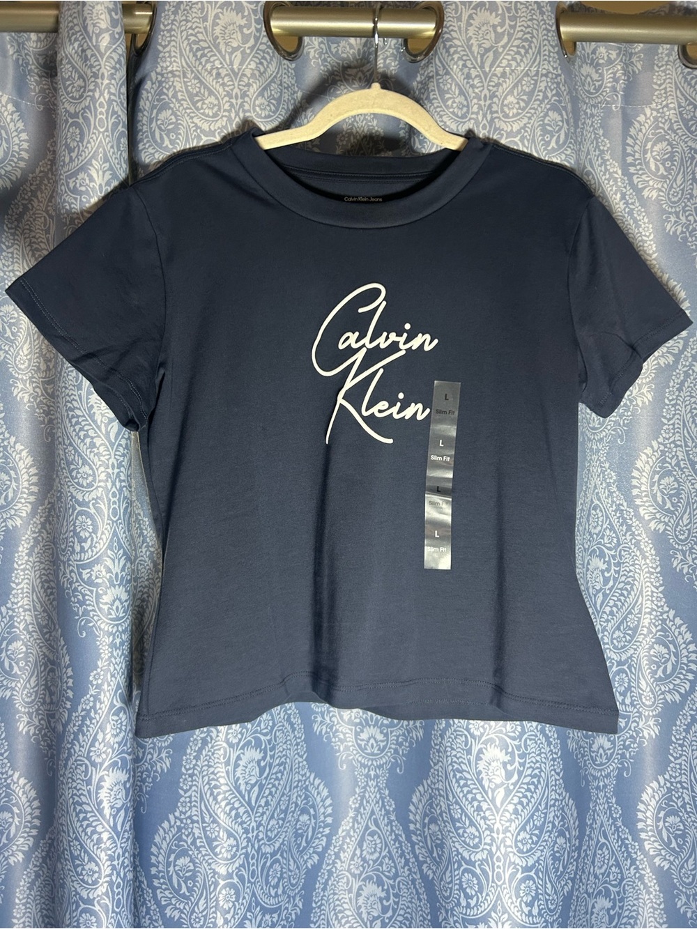 Calvin Klein Logo Tee Women’s Size L Slim Fit Navy Blue Short Sleeve NWT